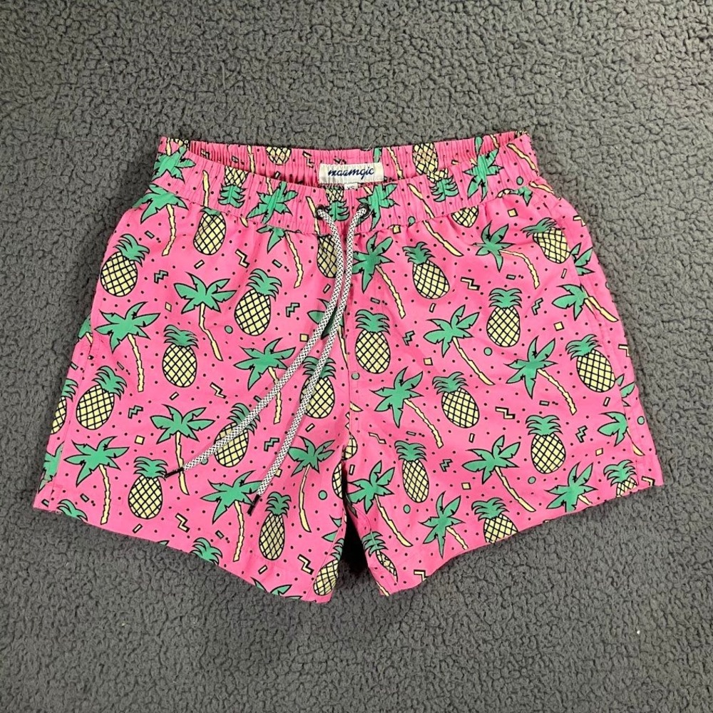 Maamgic Mens XS Pink Pineapple Palm Retro Swim Trunks Mesh Liner